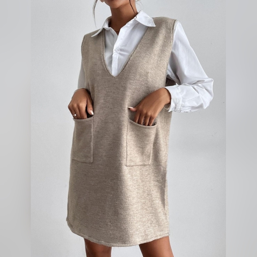 New Chic V Neck Knit Sweater Dress Vest Sleeveless Khaki Tan